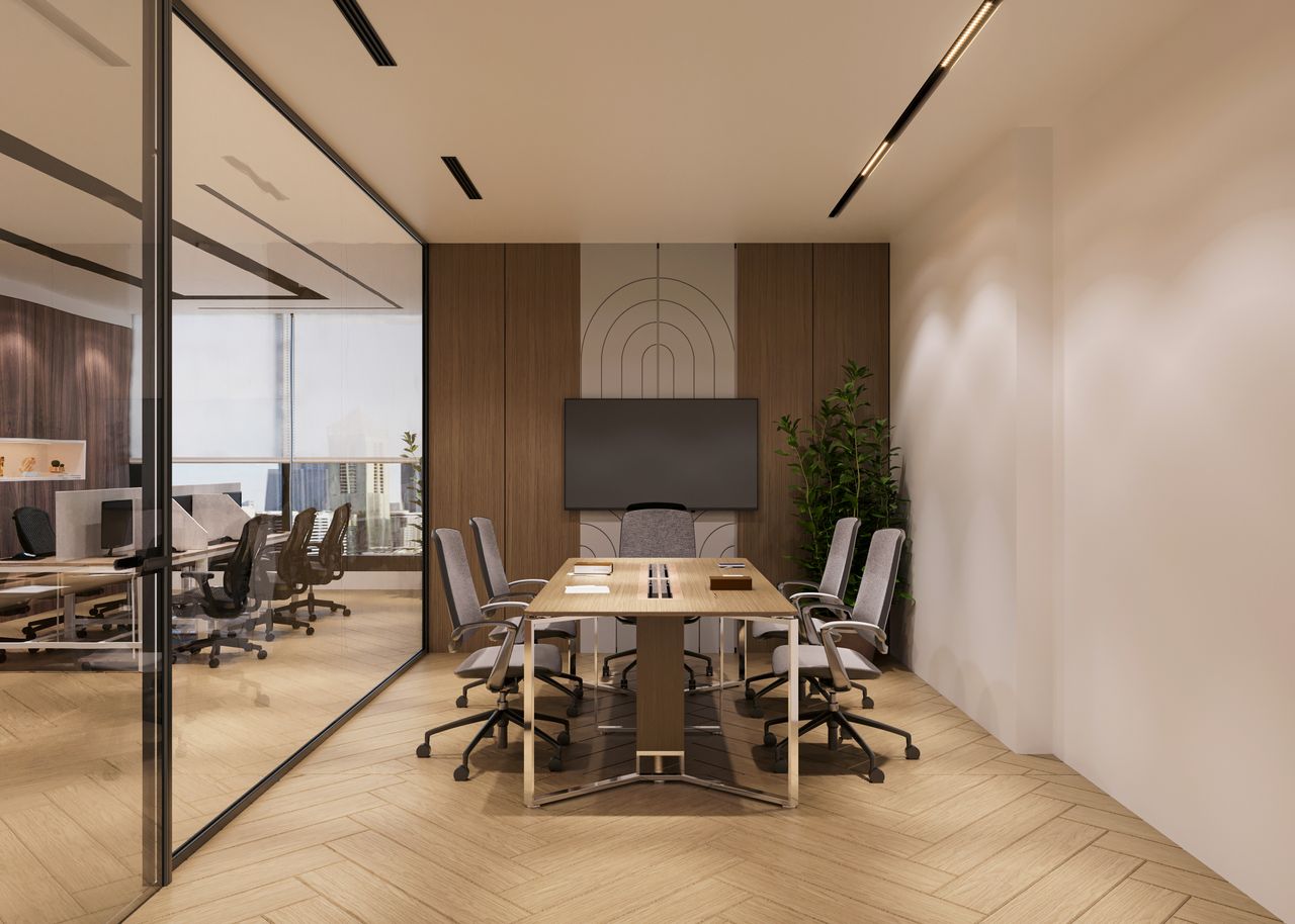 Bureau contemporain avec agencement professionnel et finitions sobres, vue 1.