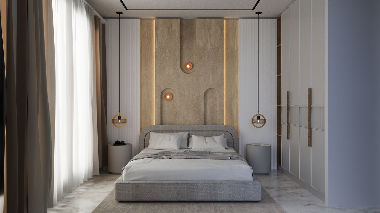 Chambre contemporaine avec ambiance douce et matières chaleureuses, vue 4.