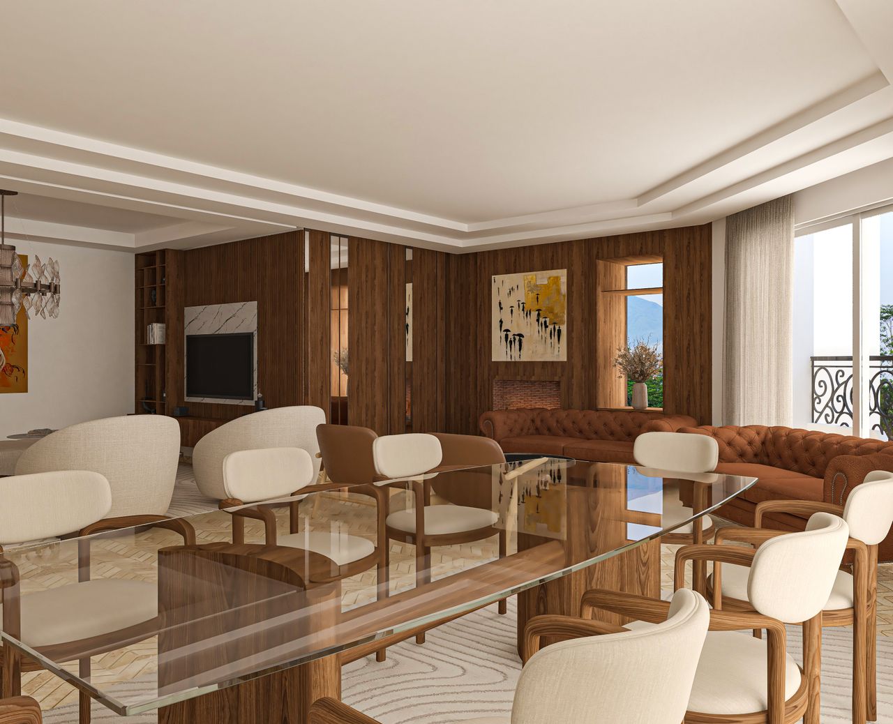 Salon résidentiel contemporain avec aménagement décoratif, vue 1.
