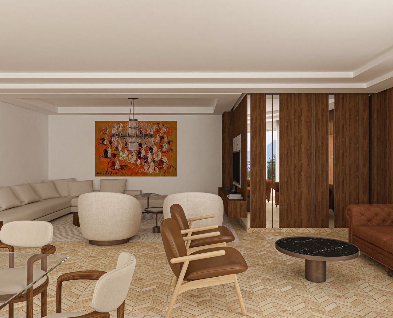 Salon résidentiel contemporain avec aménagement décoratif, vue 3.