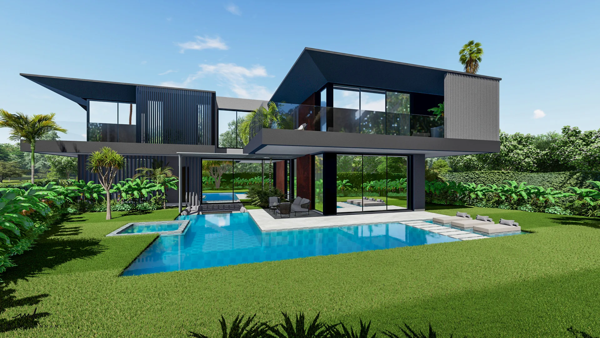 Villa contemporaine avec espaces intérieurs et extérieurs aménagés, vue 3.