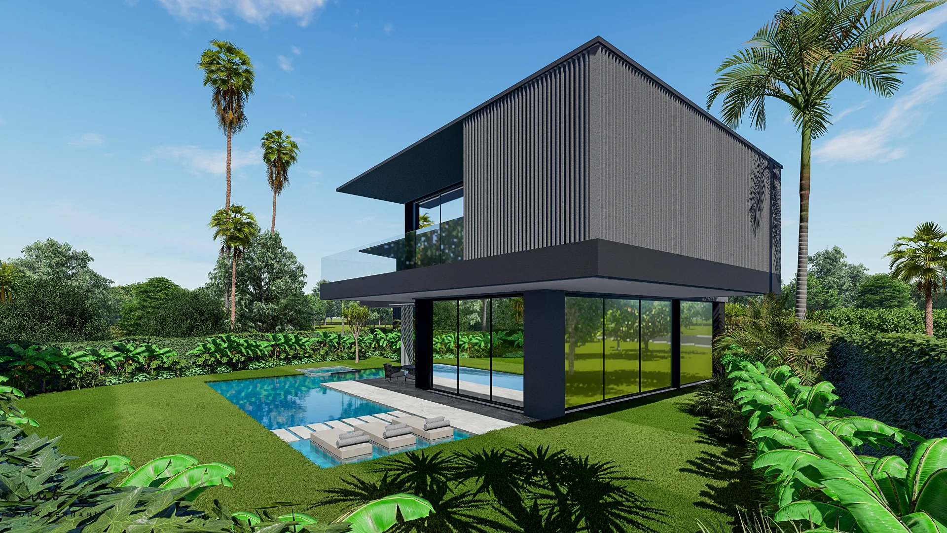Villa contemporaine avec espaces intérieurs et extérieurs aménagés, vue 4.